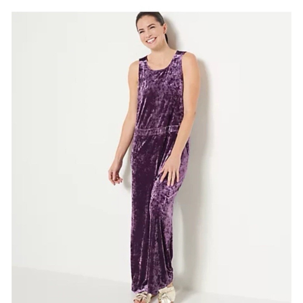 LOGO Lavish by Lori Goldstein Crushed Velvet Wide Leg Purple Jumpsuit Sz-LP